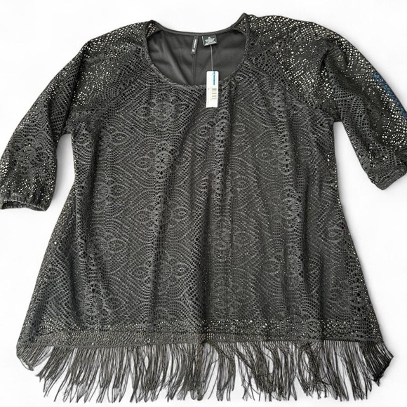 NWT- Black Metallic Lace Fringe Top – New Directions XL | Boho Festival Glam - Picture 1 of 8